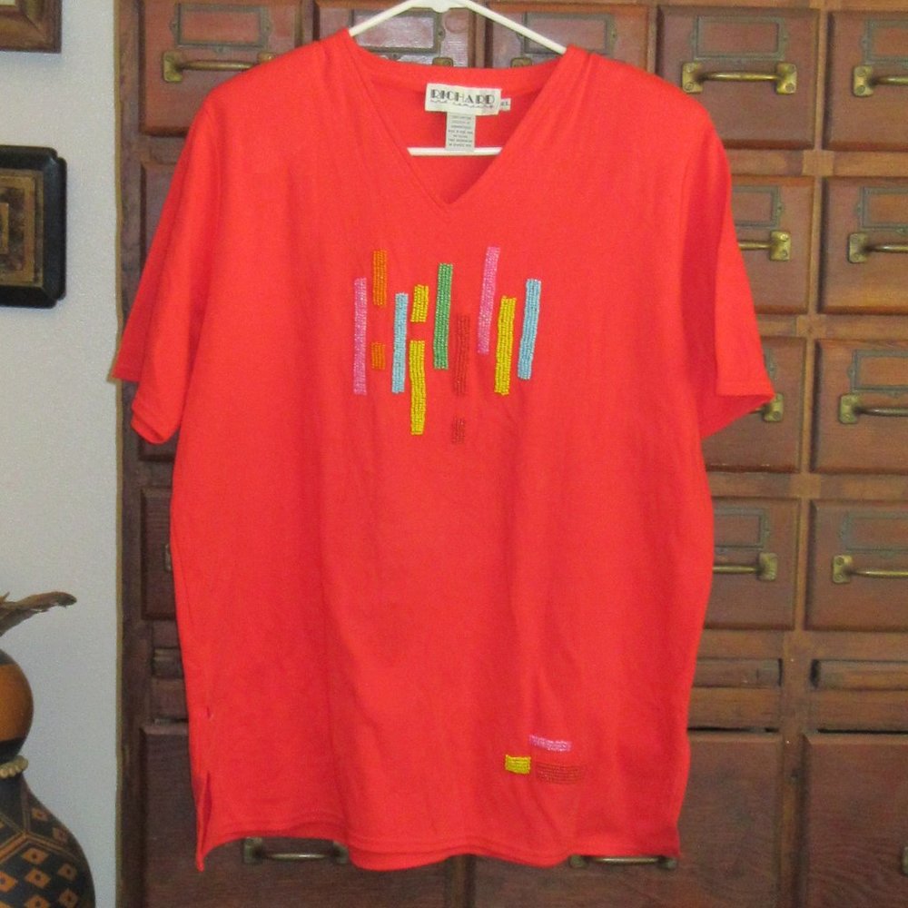 Beaded Short Sleeve Red Cotton Tee XL
